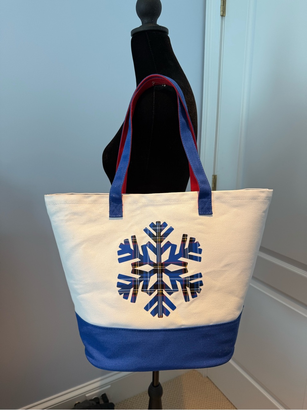 Canvas Tote Bag with Blue Snowflake Accent